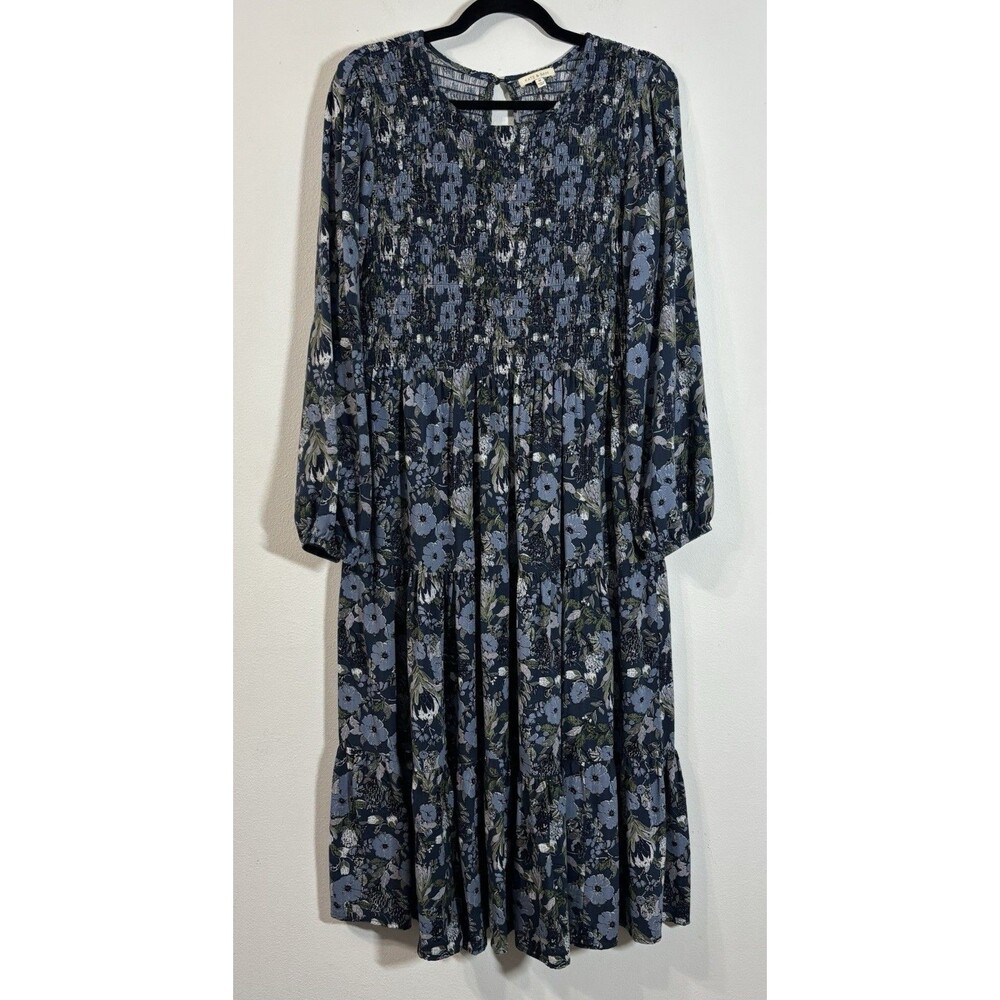 Kate & Sam Women’s Medium Floral Tiered Midi Dress Smocked Bodice Long Sleeve
